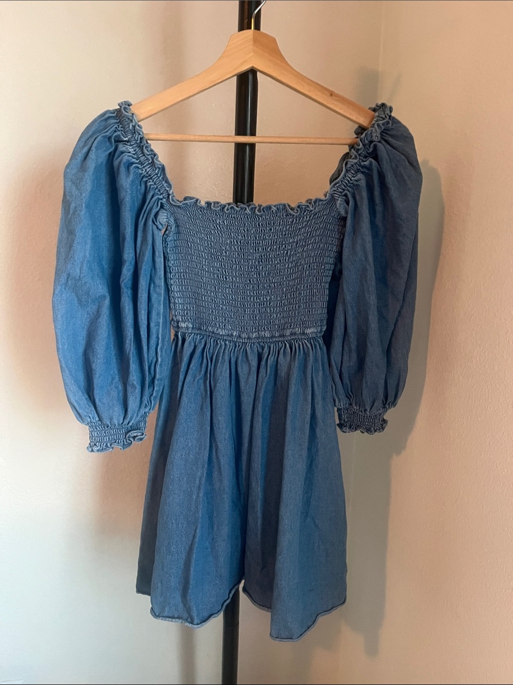Blue Smocked Off-Shoulder Mini Dress with Puff Sleeves 100% cotton